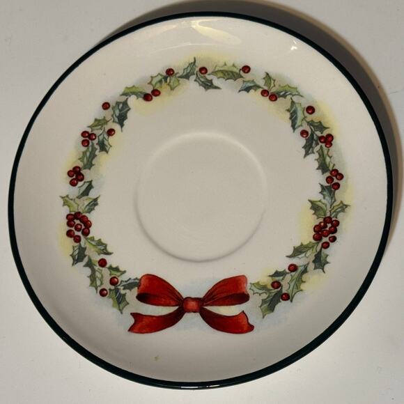 Sandy Lynam Clough Christmas Teacup & Saucer Set Holly Berries Candy Cane Handle - Picture 4 of 11